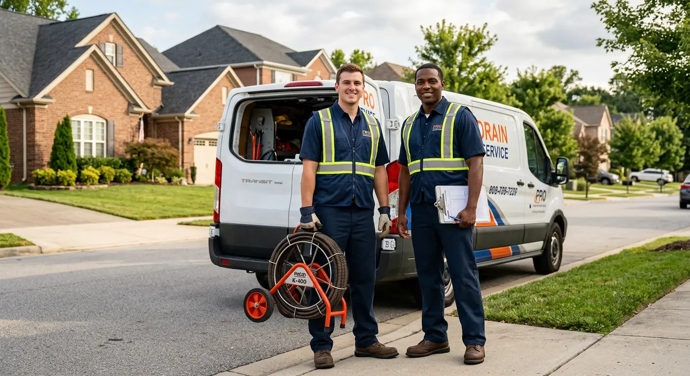 Sewer and drain service team with equipment ready for work in Ridgeway