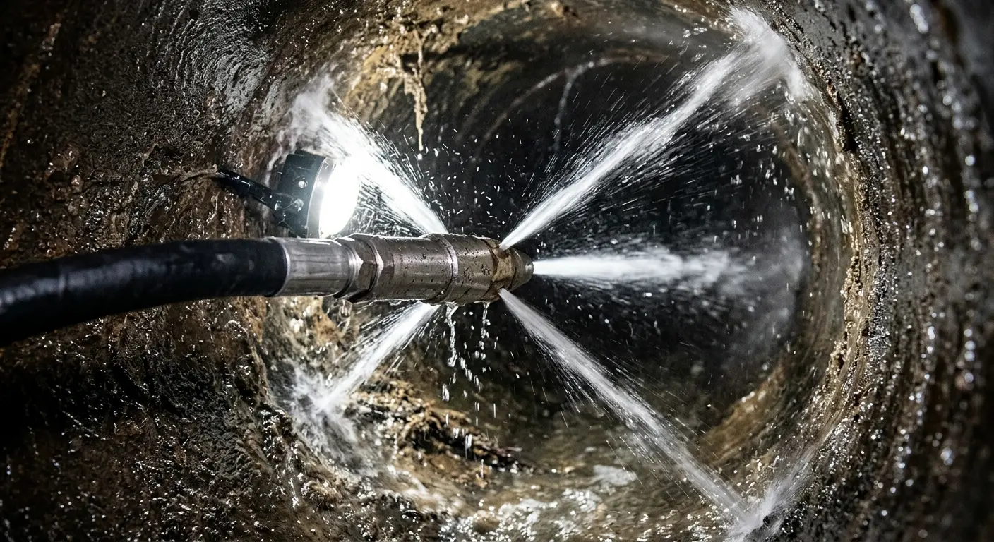 High-pressure hydro jetting nozzle cleaning sewer pipe for Sewer Cleanout in Ridgeway