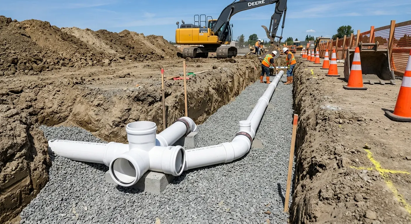 New PVC sewer pipe installation in open trench for Sewer Backup in Ridgeway
