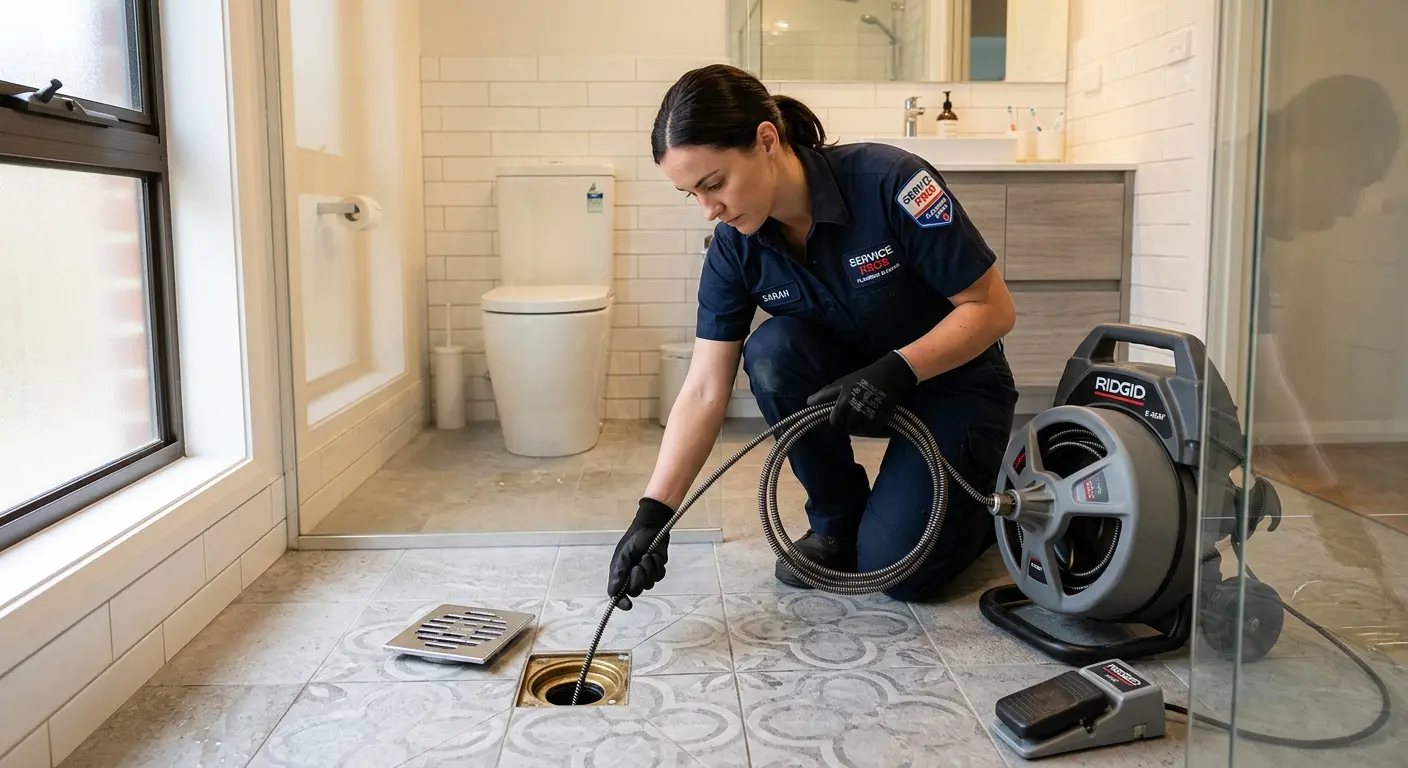 Technician clearing a bathroom floor drain for Hydro Jetting in Ridgeway